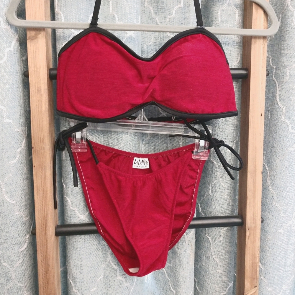 👙2PC RED & BLACK BANDEAU TOP BIKINI SWIM SUIT